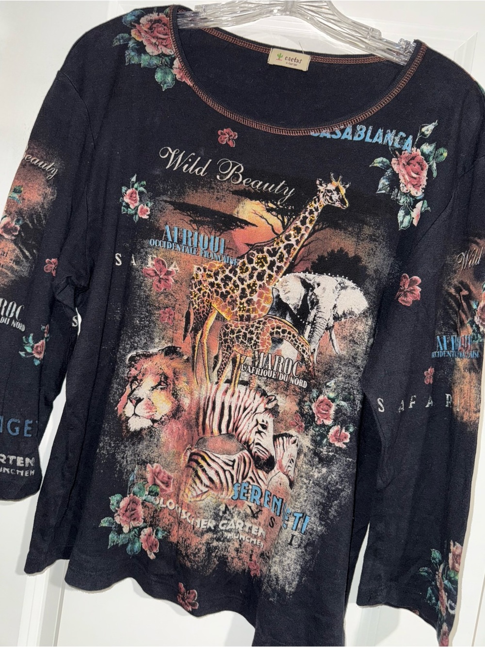 Travel Cactus Brand Embellished exotic Y2K 3/4 Sleeve Top Size XL Rare Vintage